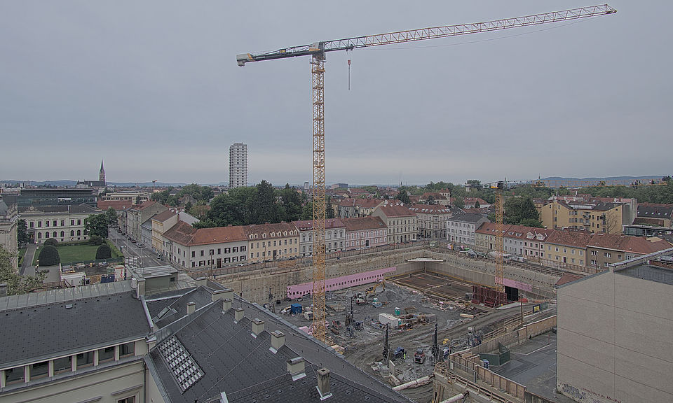 Livebild Baukamera 2 - Webcam 'Gesamtpanorama Nordseite' - Baustelle Neubau Graz Center of Physics, Universität und TU Graz (ca. 5 Minuteninterval)