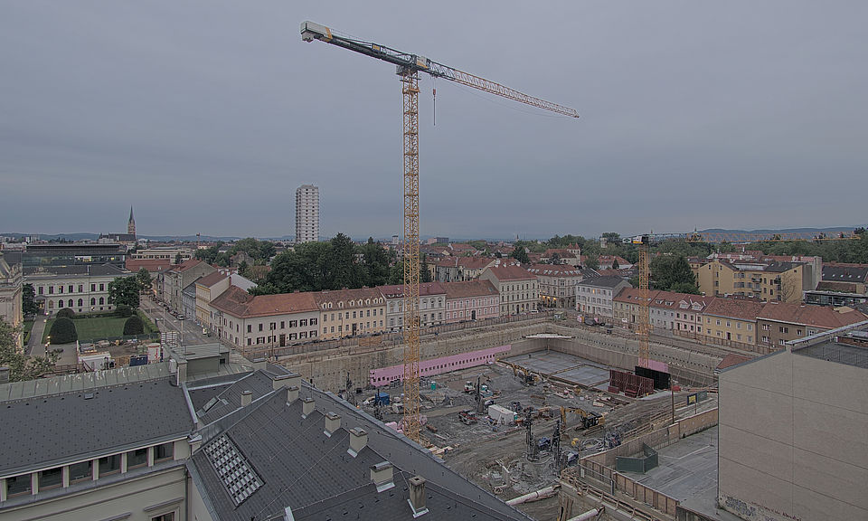 Livebild Baukamera 2 - Webcam 'Gesamtpanorama Nordseite' - Baustelle Neubau Graz Center of Physics, Universität und TU Graz (ca. 5 Minuteninterval)