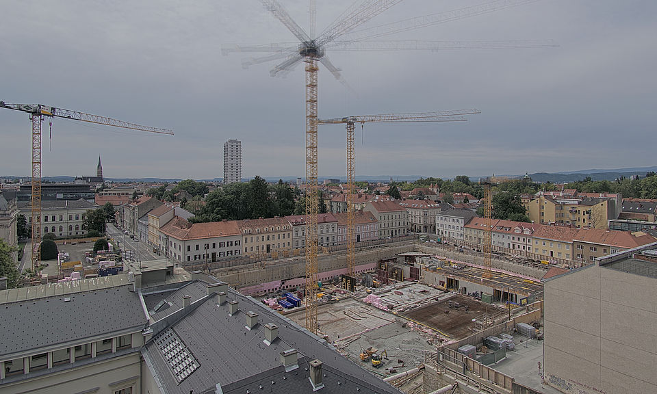 Livebild Baukamera 2 - Webcam 'Gesamtpanorama Nordseite' - Baustelle Neubau Graz Center of Physics, Universität und TU Graz (ca. 5 Minuteninterval)