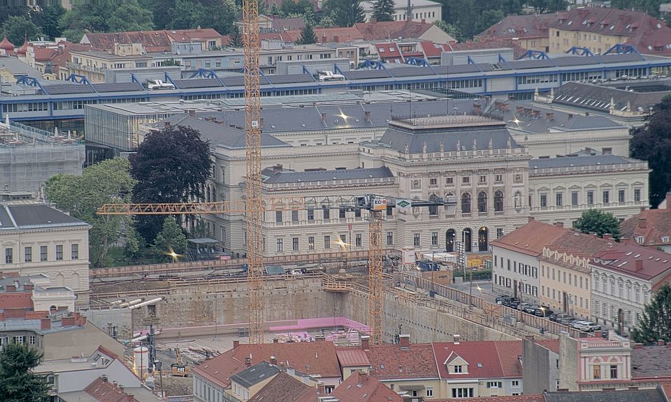 Livebild Baukamera 3 - Webcam 'Gesamtpanorama Westseite' - Baustelle Neubau Graz Center of Physics, Universität und TU Graz (ca. 5 Minuteninterval)