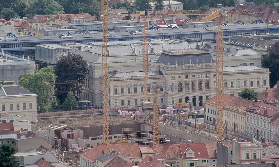 Livebild Baukamera 3 - Webcam 'Gesamtpanorama Westseite' - Baustelle Neubau Graz Center of Physics, Universität und TU Graz (ca. 5 Minuteninterval)