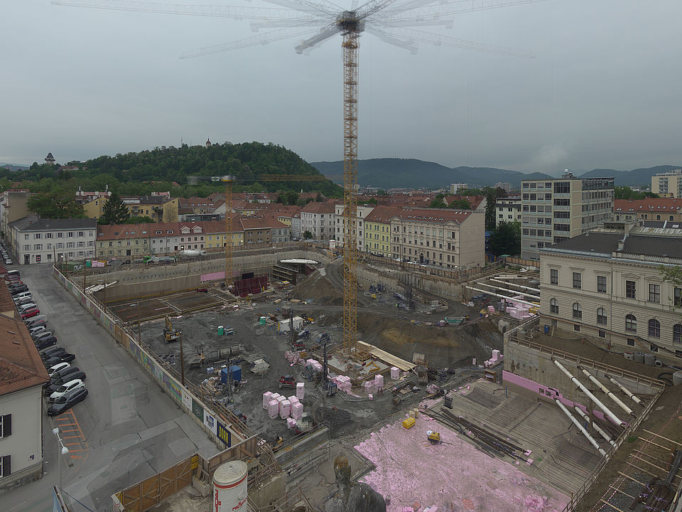 Livebild Baukamera 1 - Webcam 'Gesamtpanorama Südseite' - Baustelle Neubau Graz Center of Physics, Universität und TU Graz (ca. 5 Minuteninterval)