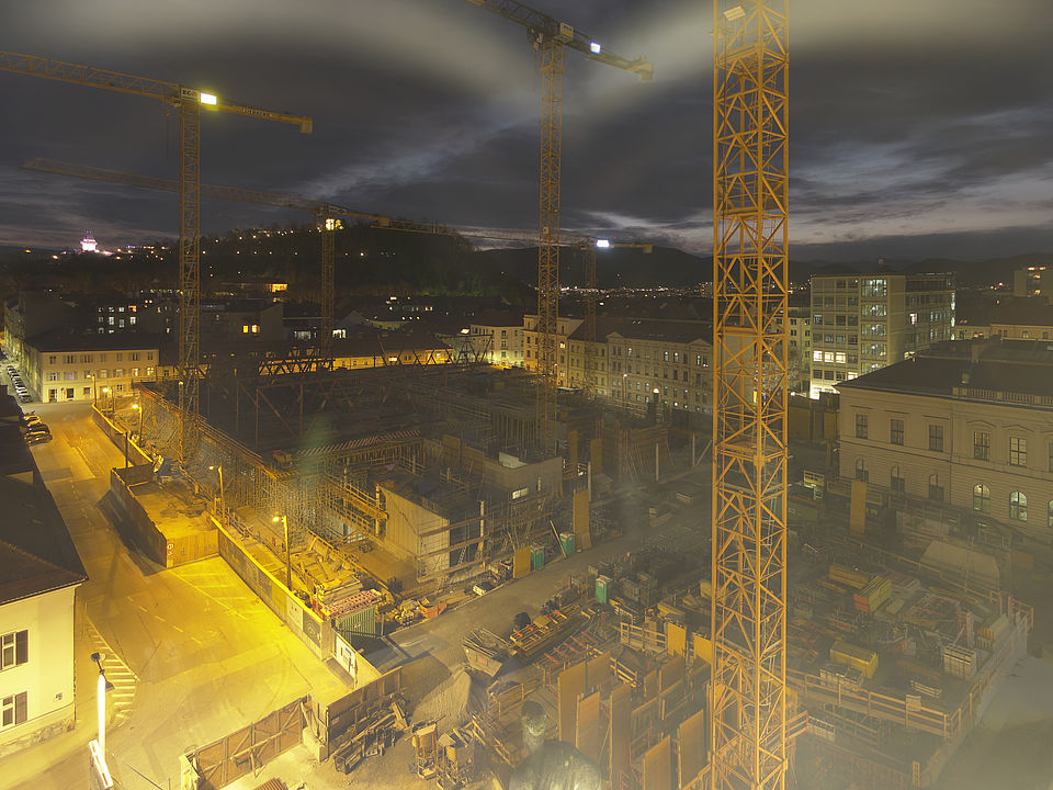 Livebild Baukamera 1 - Webcam 'Gesamtpanorama Südseite' - Baustelle Neubau Graz Center of Physics, Universität und TU Graz (ca. 5 Minuteninterval)
