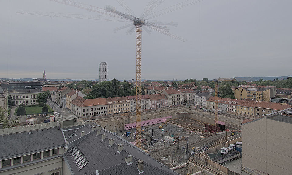 Livebild Baukamera 2 - Webcam 'Gesamtpanorama Nordseite' - Baustelle Neubau Graz Center of Physics, Universität und TU Graz (ca. 5 Minuteninterval)