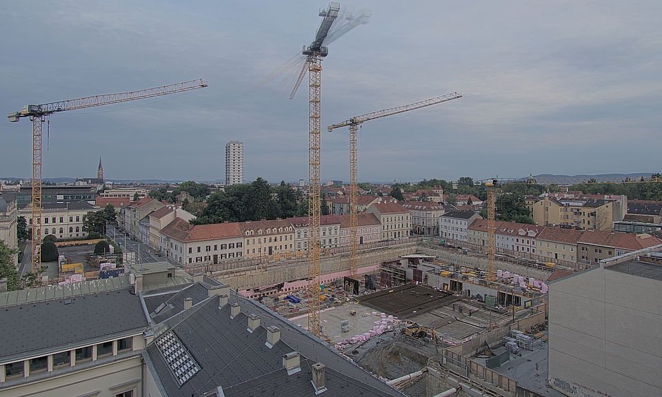 Livebild Baukamera 2 - Webcam 'Gesamtpanorama Nordseite' - Baustelle Neubau Graz Center of Physics, Universität und TU Graz (ca. 5 Minuteninterval)