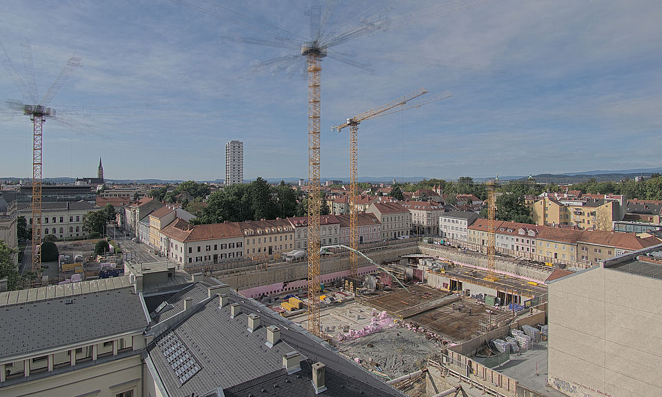 Livebild Baukamera 2 - Webcam 'Gesamtpanorama Nordseite' - Baustelle Neubau Graz Center of Physics, Universität und TU Graz (ca. 5 Minuteninterval)