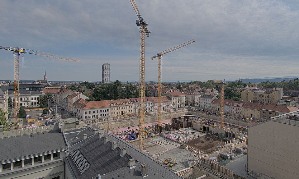 Livebild Baukamera 2 - Webcam 'Gesamtpanorama Nordseite' - Baustelle Neubau Graz Center of Physics, Universität und TU Graz (ca. 5 Minuteninterval)