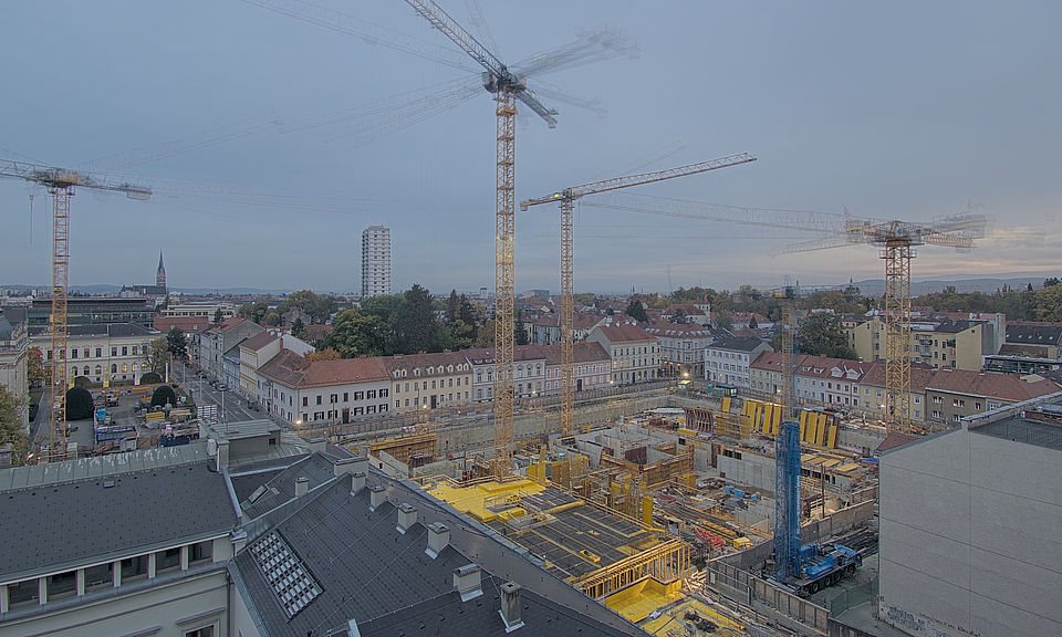 Livebild Baukamera 2 - Webcam 'Gesamtpanorama Nordseite' - Baustelle Neubau Graz Center of Physics, Universität und TU Graz (ca. 5 Minuteninterval)