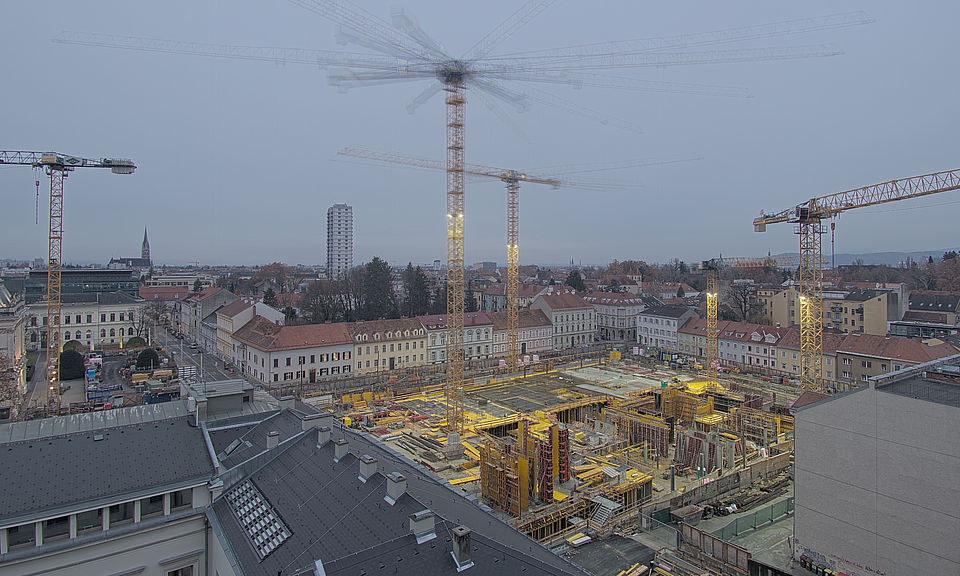 Livebild Baukamera 2 - Webcam 'Gesamtpanorama Nordseite' - Baustelle Neubau Graz Center of Physics, Universität und TU Graz (ca. 5 Minuteninterval)