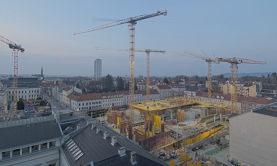 Livebild Baukamera 2 - Webcam 'Gesamtpanorama Nordseite' - Baustelle Neubau Graz Center of Physics, Universität und TU Graz (ca. 5 Minuteninterval)