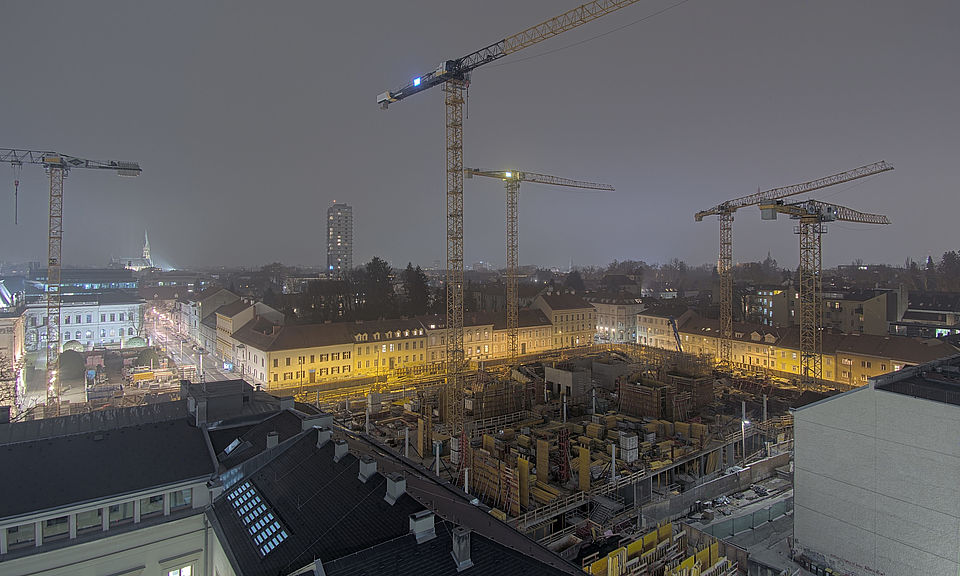 Livebild Baukamera 2 - Webcam 'Gesamtpanorama Nordseite' - Baustelle Neubau Graz Center of Physics, Universität und TU Graz (ca. 5 Minuteninterval)