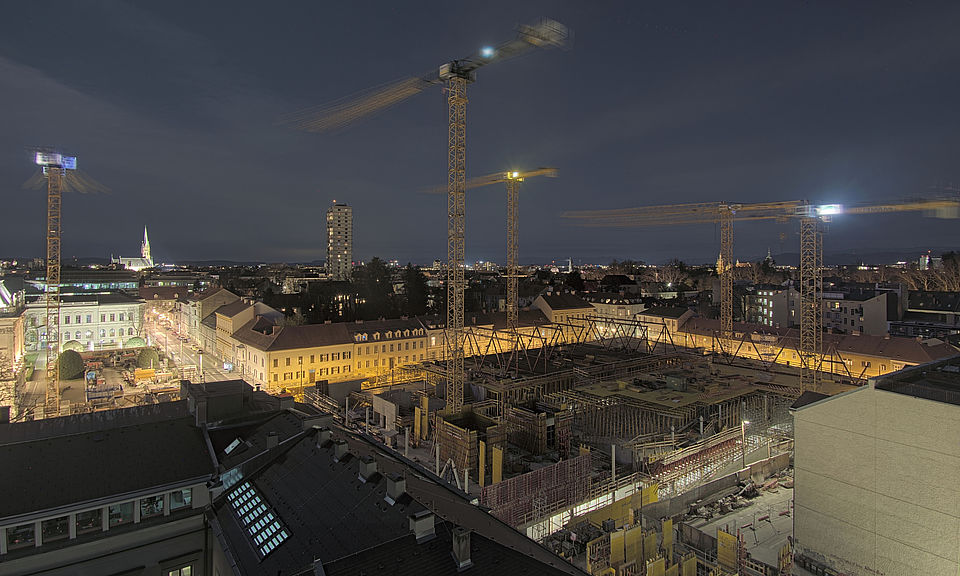 Livebild Baukamera 2 - Webcam 'Gesamtpanorama Nordseite' - Baustelle Neubau Graz Center of Physics, Universität und TU Graz (ca. 5 Minuteninterval)