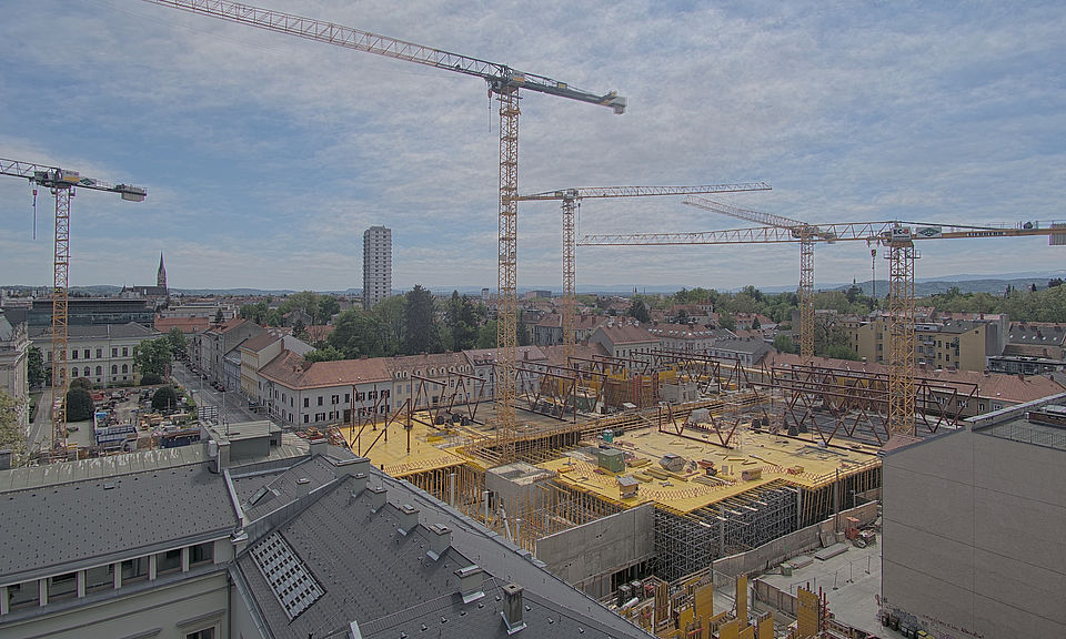 Livebild Baukamera 2 - Webcam 'Gesamtpanorama Nordseite' - Baustelle Neubau Graz Center of Physics, Universität und TU Graz (ca. 5 Minuteninterval)