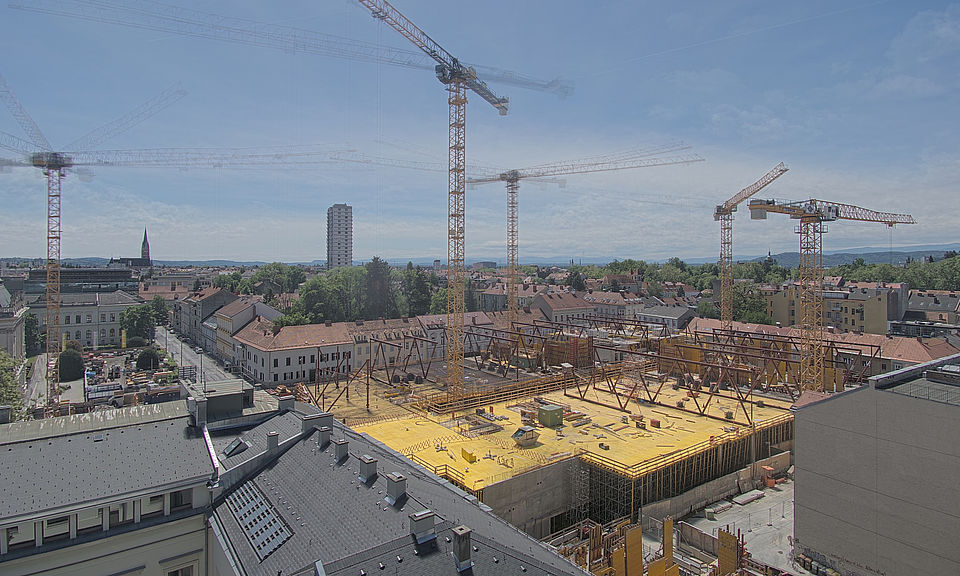 Livebild Baukamera 2 - Webcam 'Gesamtpanorama Nordseite' - Baustelle Neubau Graz Center of Physics, Universität und TU Graz (ca. 5 Minuteninterval)