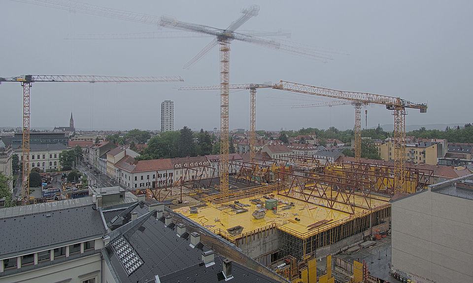 Livebild Baukamera 2 - Webcam 'Gesamtpanorama Nordseite' - Baustelle Neubau Graz Center of Physics, Universität und TU Graz (ca. 5 Minuteninterval)