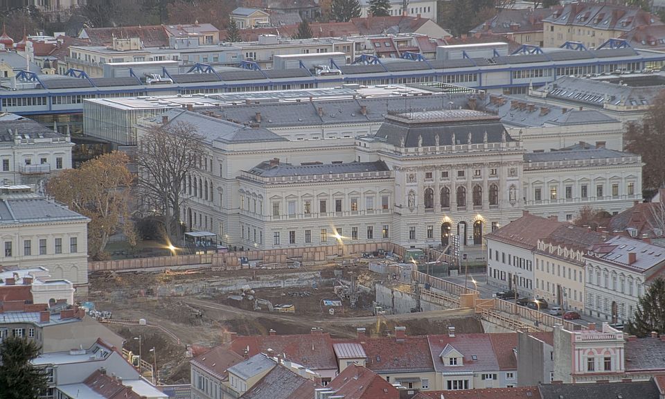 Livebild Baukamera 3 - Webcam 'Gesamtpanorama Westseite' - Baustelle Neubau Graz Center of Physics, Universität und TU Graz (ca. 5 Minuteninterval)