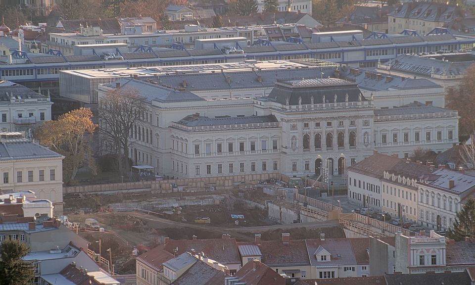 Livebild Baukamera 3 - Webcam 'Gesamtpanorama Westseite' - Baustelle Neubau Graz Center of Physics, Universität und TU Graz (ca. 5 Minuteninterval)