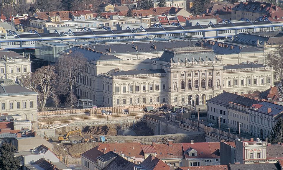 Livebild Baukamera 3 - Webcam 'Gesamtpanorama Westseite' - Baustelle Neubau Graz Center of Physics, Universität und TU Graz (ca. 5 Minuteninterval)