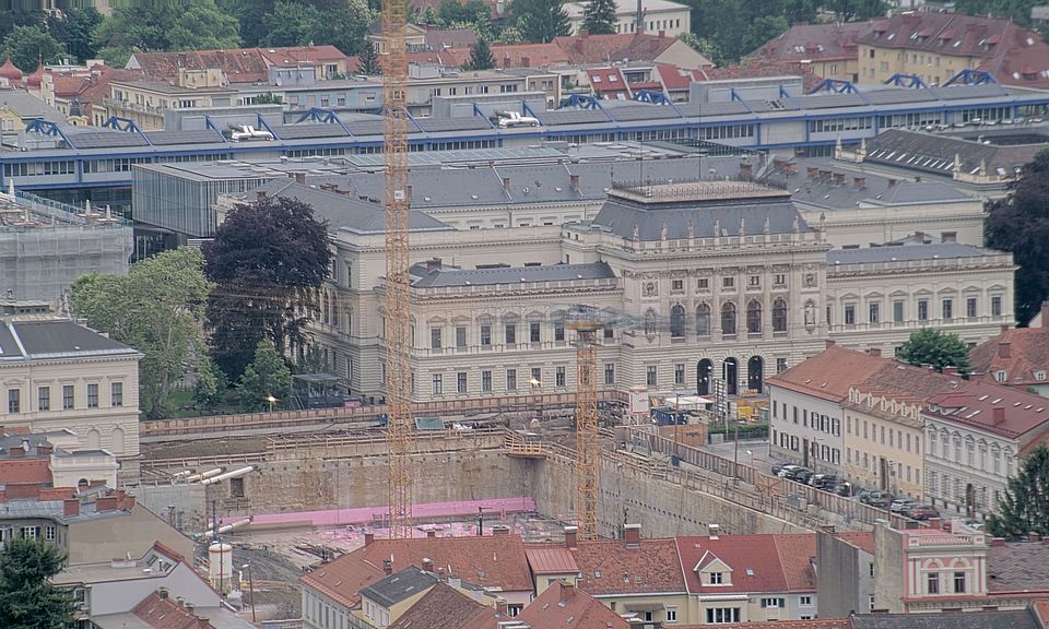 Livebild Baukamera 3 - Webcam 'Gesamtpanorama Westseite' - Baustelle Neubau Graz Center of Physics, Universität und TU Graz (ca. 5 Minuteninterval)