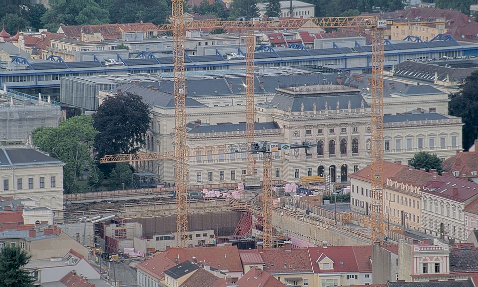 Livebild Baukamera 3 - Webcam 'Gesamtpanorama Westseite' - Baustelle Neubau Graz Center of Physics, Universität und TU Graz (ca. 5 Minuteninterval)