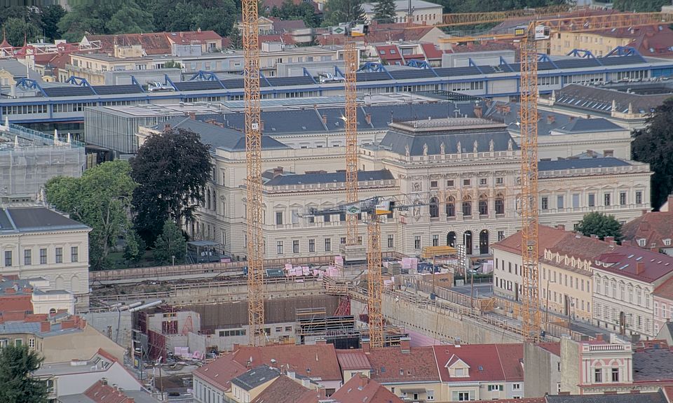 Livebild Baukamera 3 - Webcam 'Gesamtpanorama Westseite' - Baustelle Neubau Graz Center of Physics, Universität und TU Graz (ca. 5 Minuteninterval)