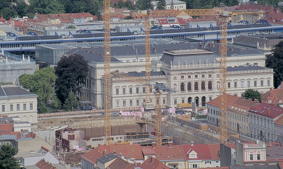 Livebild Baukamera 3 - Webcam 'Gesamtpanorama Westseite' - Baustelle Neubau Graz Center of Physics, Universität und TU Graz (ca. 5 Minuteninterval)