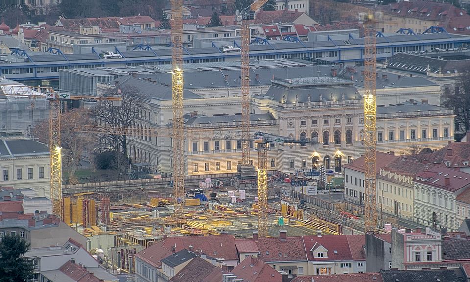 Livebild Baukamera 3 - Webcam 'Gesamtpanorama Westseite' - Baustelle Neubau Graz Center of Physics, Universität und TU Graz (ca. 5 Minuteninterval)