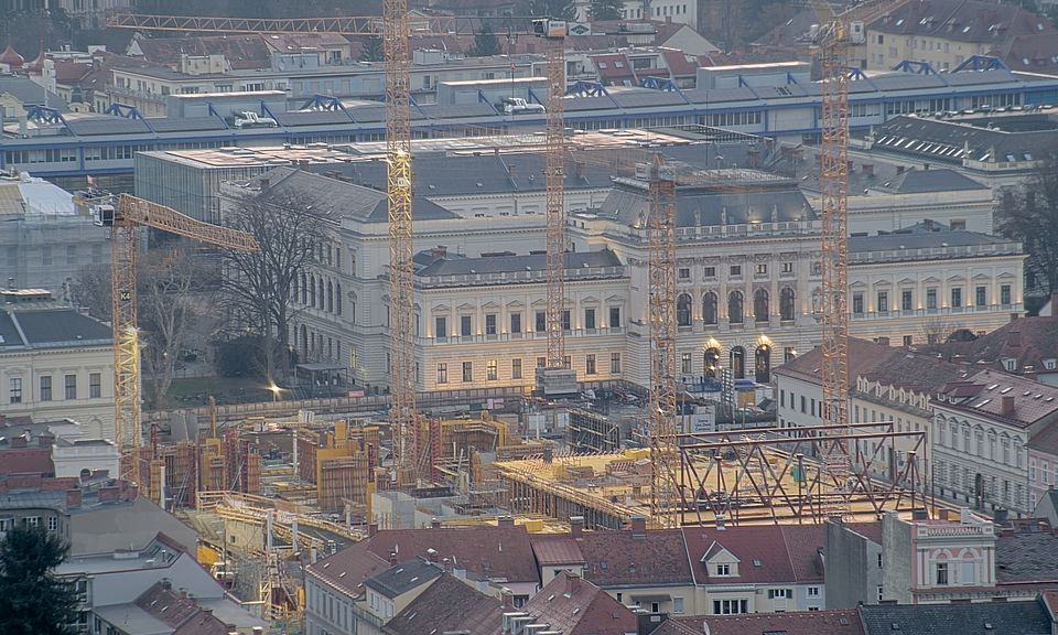 Livebild Baukamera 3 - Webcam 'Gesamtpanorama Westseite' - Baustelle Neubau Graz Center of Physics, Universität und TU Graz (ca. 5 Minuteninterval)