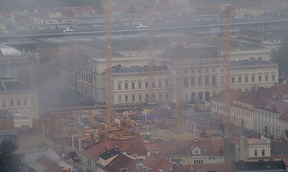 Livebild Baukamera 3 - Webcam 'Gesamtpanorama Westseite' - Baustelle Neubau Graz Center of Physics, Universität und TU Graz (ca. 5 Minuteninterval)