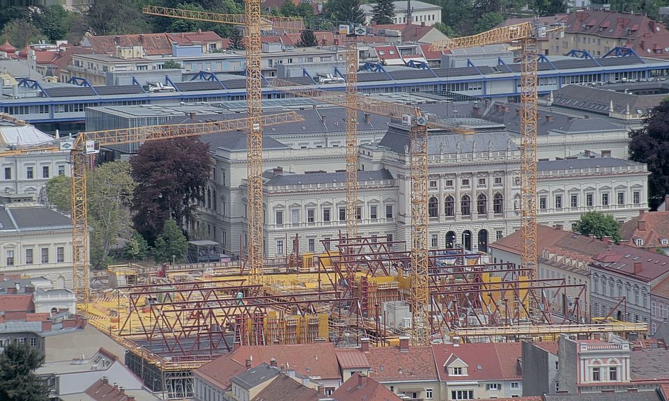 Livebild Baukamera 3 - Webcam 'Gesamtpanorama Westseite' - Baustelle Neubau Graz Center of Physics, Universität und TU Graz (ca. 5 Minuteninterval)