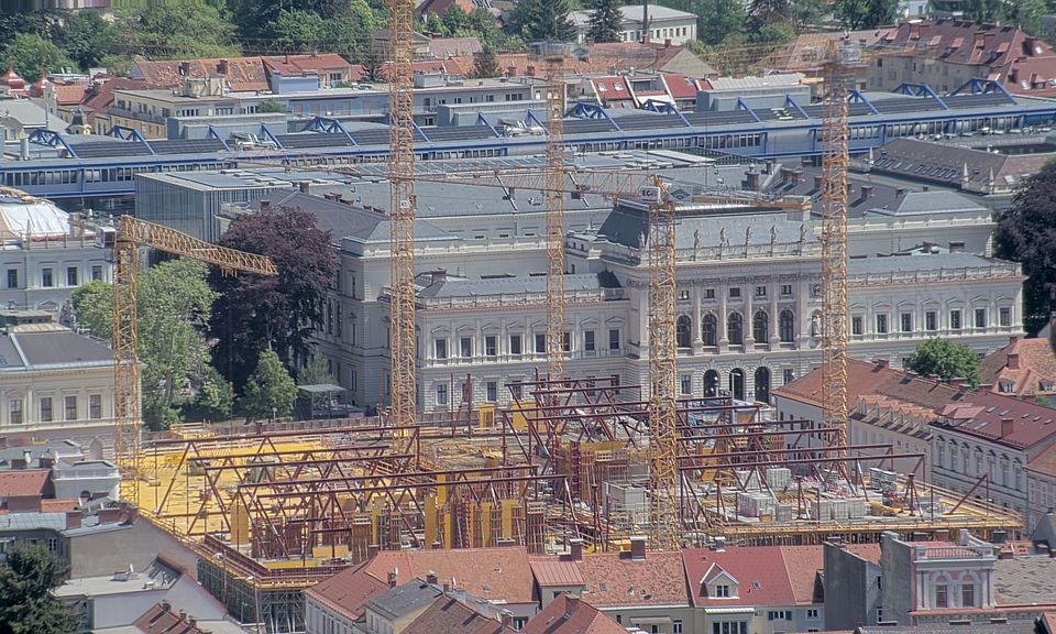 Livebild Baukamera 3 - Webcam 'Gesamtpanorama Westseite' - Baustelle Neubau Graz Center of Physics, Universität und TU Graz (ca. 5 Minuteninterval)